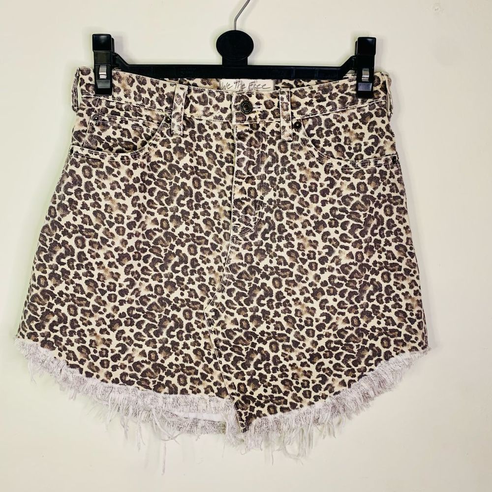 Free People Bailey Denim Mini Skirt Leopard Print Frayed Hem Jean Skirt - Picture 6 of 14
